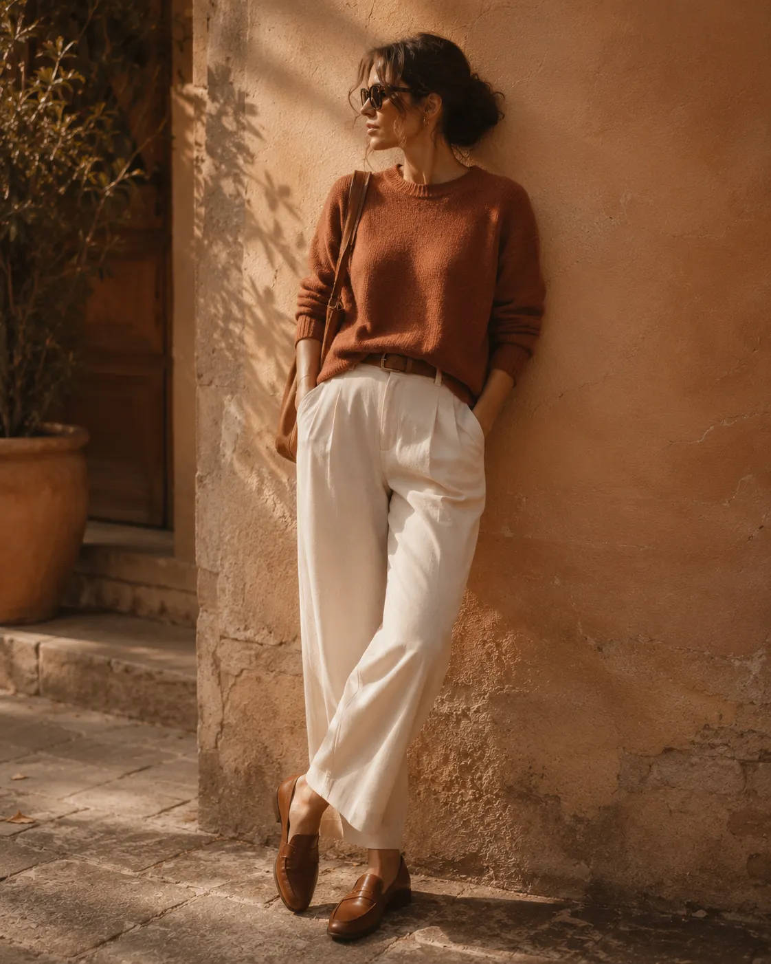 Outfit of the week — terracotta knit and cream wide-leg trousers