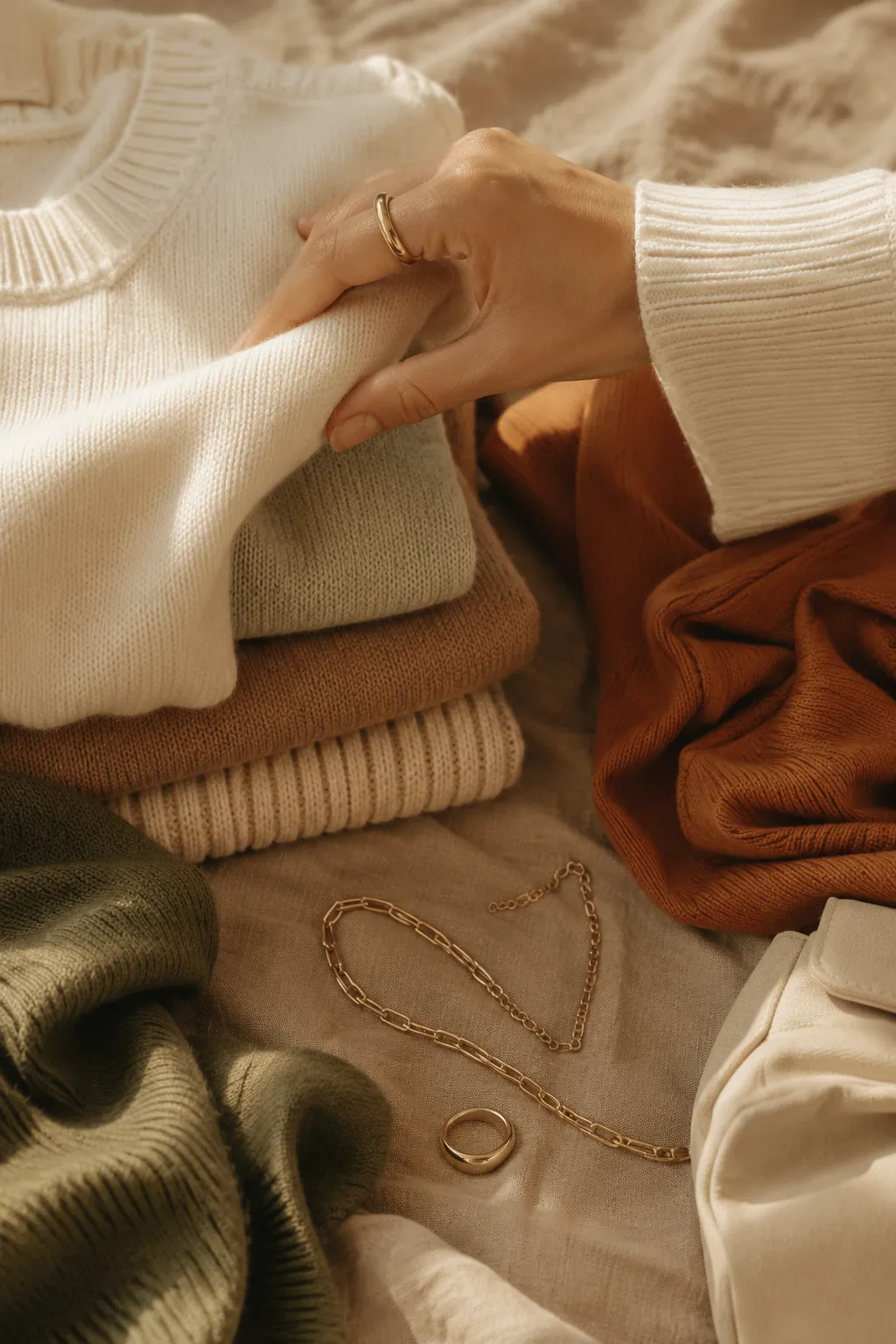 Folded neutral knitwear and gold jewellery flat lay