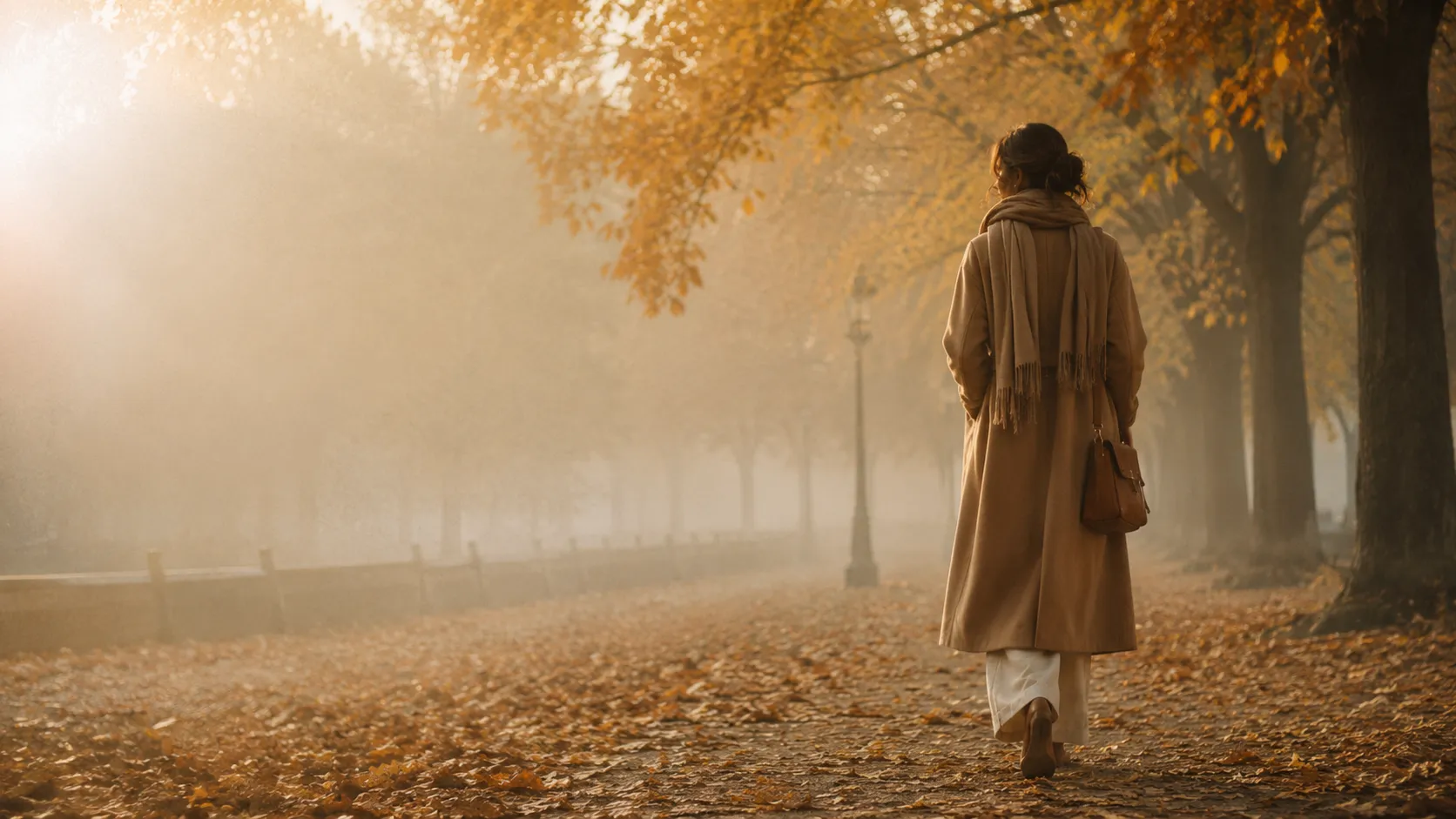 Autumn editorial — a woman in warm layers walking through golden trees